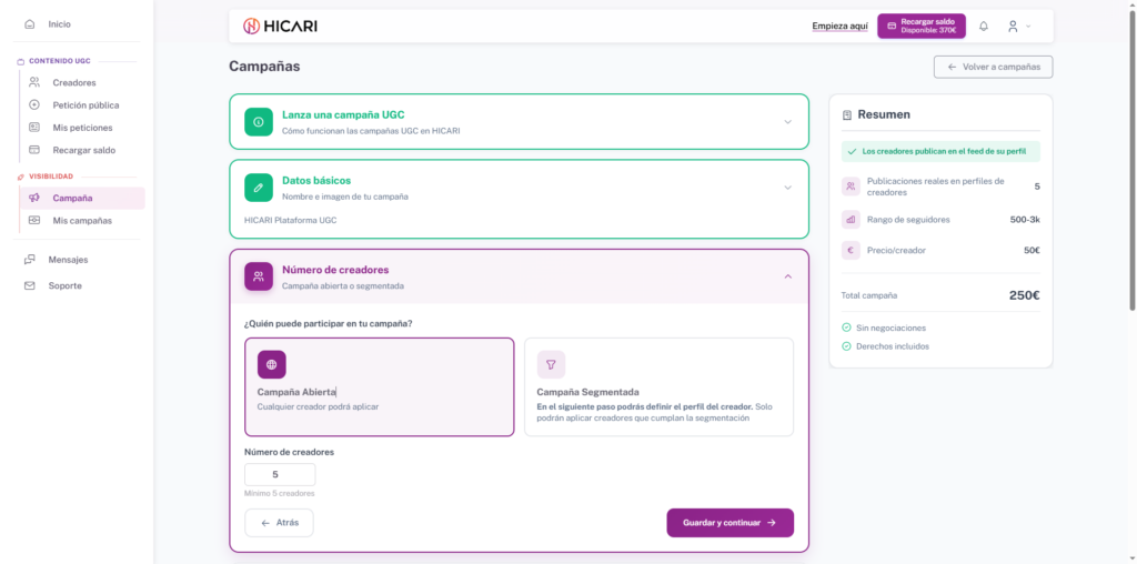 Elige l número de creadores y su segmentación