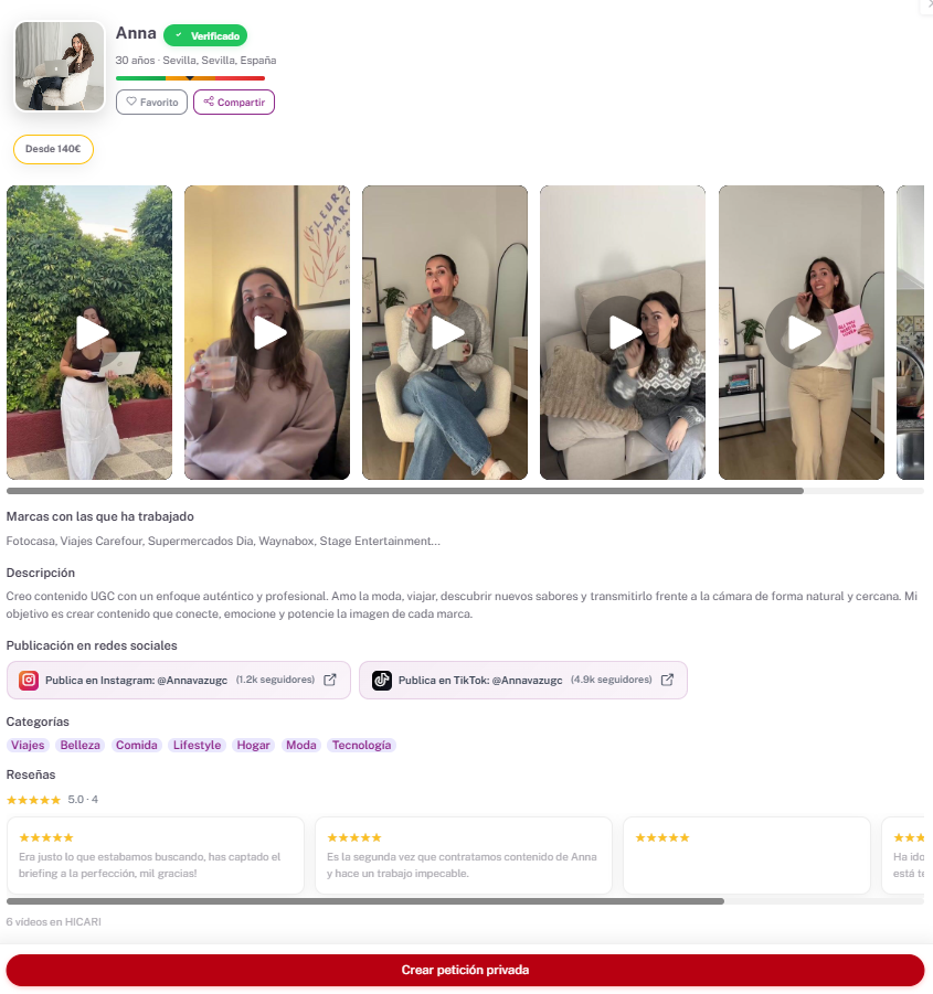 Revisa el perfil del creador, portfolio y redes sociales